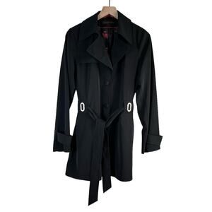 Via Spiga Black Trench Coat Belted Red‎ Floral Lining, Size 8